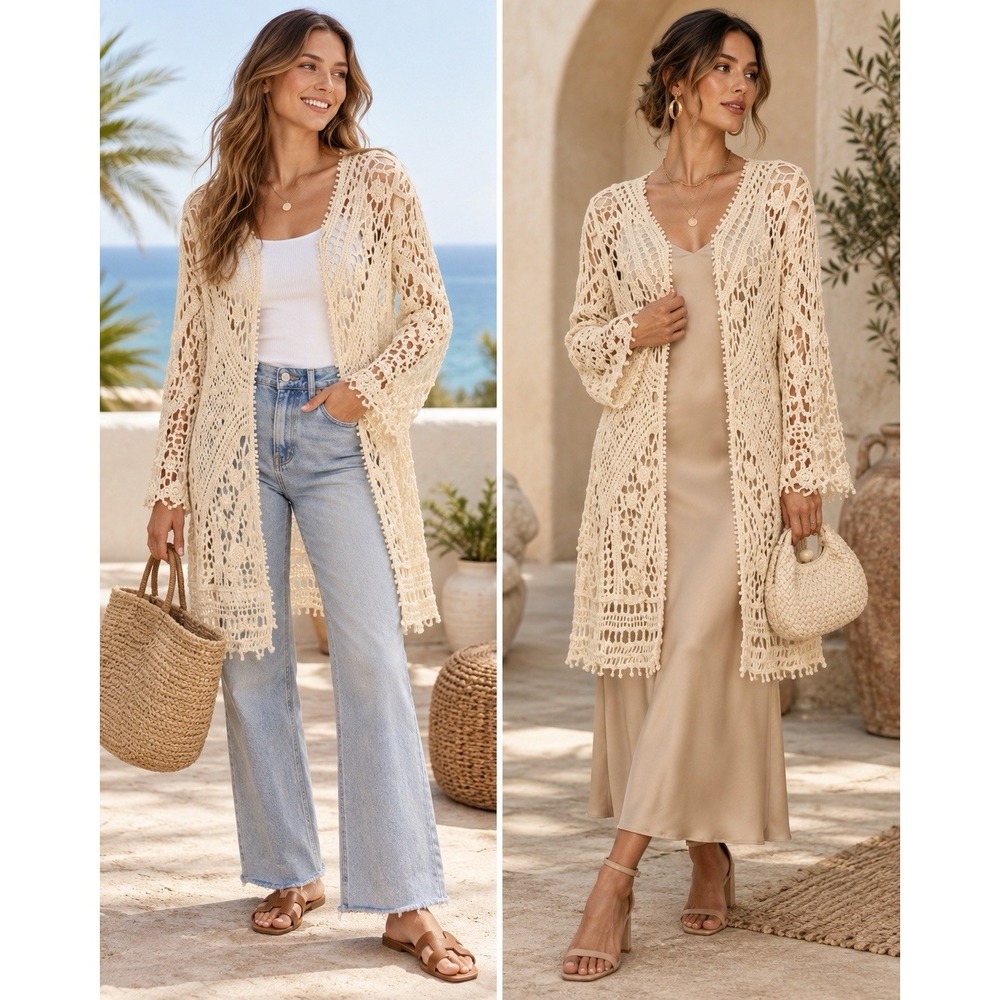 LIV Los Angeles XL Crochet Cardigan Ivory Floral Boho Duster Open Front Cotton